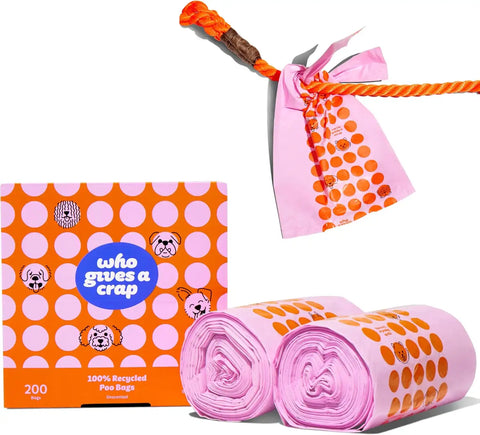 Who Gives a Crap 100% Recycled Pet Waste Bags, 200 Count, 3L / 3 Quart, Designed to Help Resist Leaks and Tears, Tie Handle Poop Bags for Small and Large Dogs, Sustainable Unscented Dog Trash Bags
