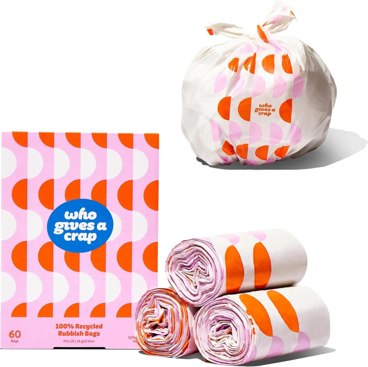 Who Gives a Crap 100% Recycled Small Trash Bags, 60 Count, 4 Gallon, Sustainable Garbage Bags for Kitchen, Office, or Bathroom Trash Can, Designed to Help Resist Leaks and Tears, Durable Tie Handles